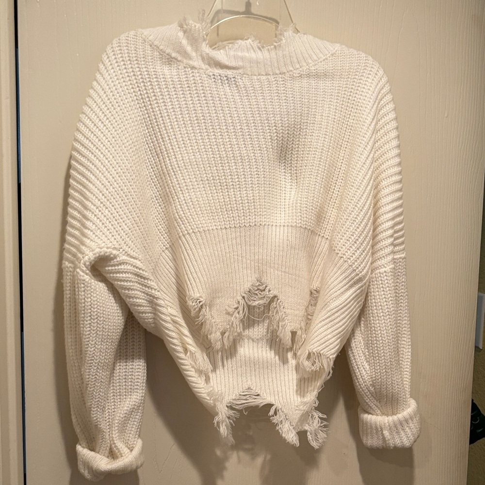 Fashion Nova Cream Frayed V-Neck Sweater - Picture 4 of 6